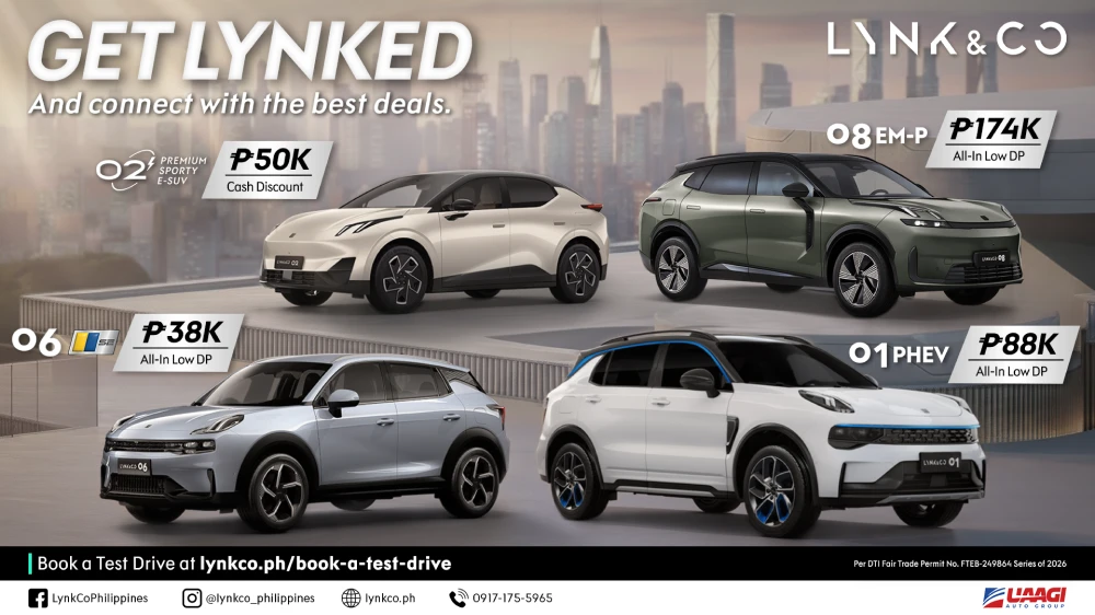 "Get Lynked" promo poster featuring the 01 PHEV, 02 E-SUV, 06 SUV, and 08 EM-P with all-in low down payment offers.