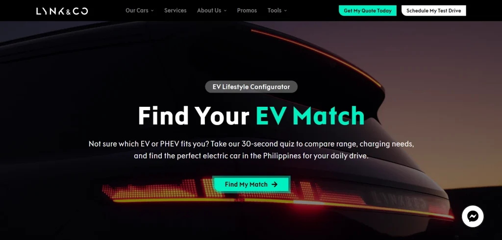 Web screenshot of the Find Your EV Match tool, designed to pair drivers with the right Lynk & Co EV.