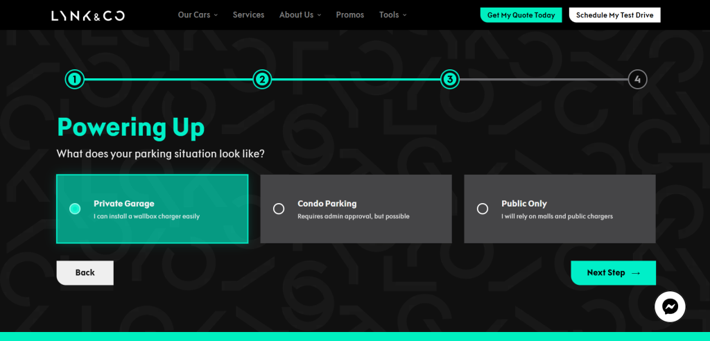 Screenshot of the Lynk & Co Philippines EV Lifestyle Configurator asking users about their parking setup.